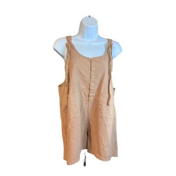 Womens Sleeveless Romper Large Tan Tied Bow Straps Button Accents Minimalist Y2K - Picture 2 of 8